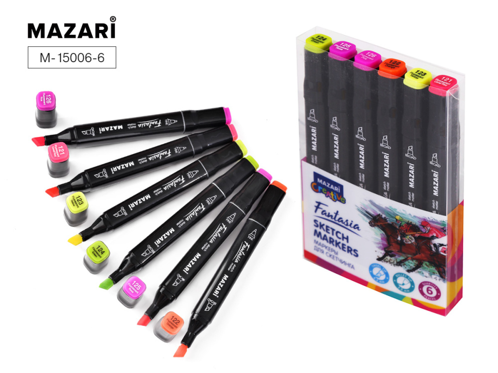 Набор маркеров для скетчинга двусторонние,6цв,Fluorescent colors FANTASIA(Mazari)